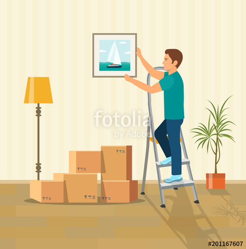 493x500 Man Hanging Picture On The Wall. Moving Boxes In New House. Vector
