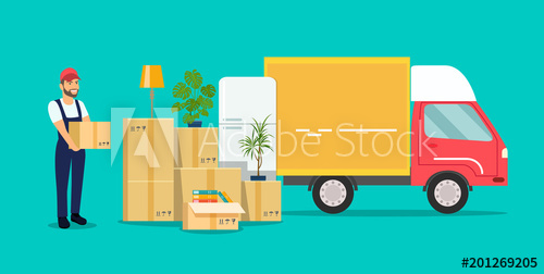 500x252 Moving House. Man With Cardboard Boxes.vector Flat Style