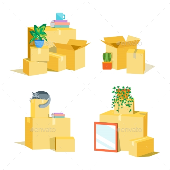 590x590 Cardboard Boxes For Moving Set. Vector By Bigmouse108 Graphicriver