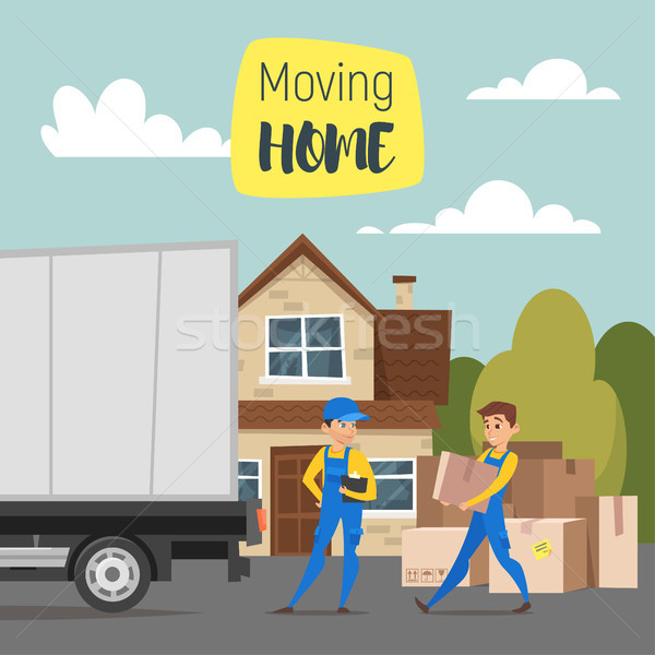 600x600 House, Paper Boxes And A Truck. Concept For Home Moving. Vector