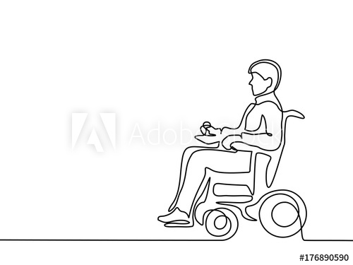 500x375 Continuous Line Drawing. Disabled Man On Electric Wheelchair Enjoy