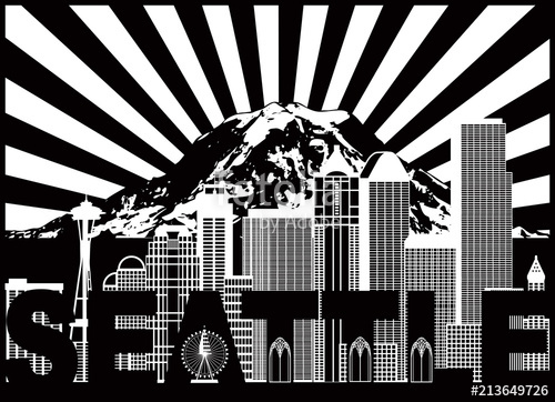 500x362 Seattle City Skyline And Mount Rainier With Text Black And White