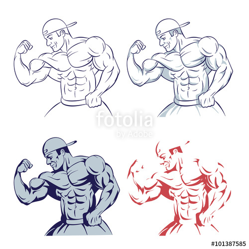 500x500 Bodybuilder Posing Muscle Man Line Drawing Illustration On White