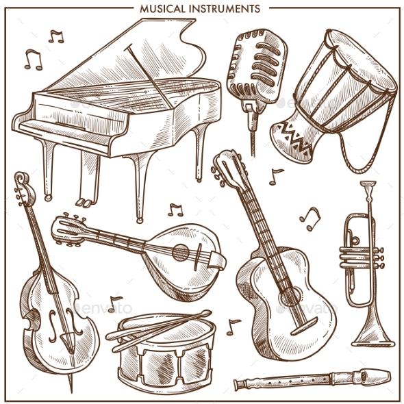 590x590 Musical Instruments Vector Sketch Icons Collection By Sonulkaster