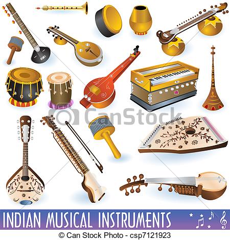 450x470 Indian Music Instruments. A Colored Collection Of Different