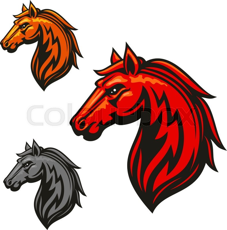 789x800 Fire Horse Stallion Heraldic Emblems. Red, Yellow, Gray Horses