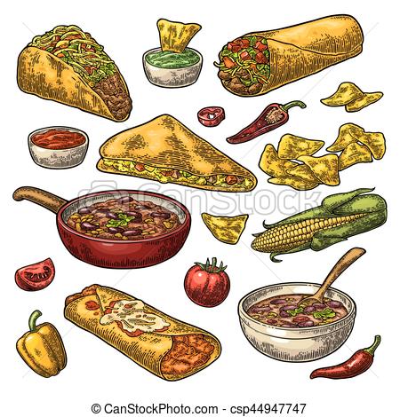 450x470 Mexican Traditional Food Set With Guacamole, Enchilada, Burrito