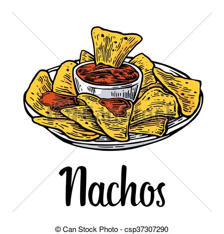 450x470 Nachos Mexican Traditional Food. Vector Vintage Engraved