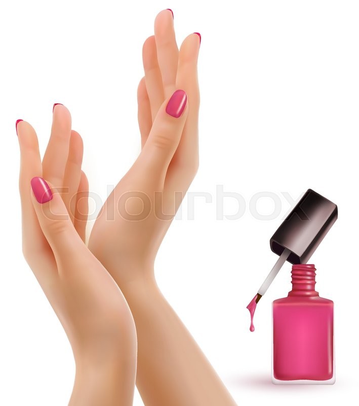 709x800 Female Beautiful Hands With A Pink Nail Polish Bottle. Vector