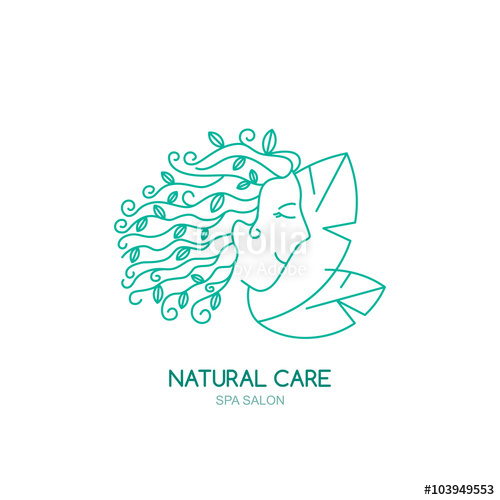 500x500 Young Woman With Green Leaves In Curly Hair. Vector Logo, Label