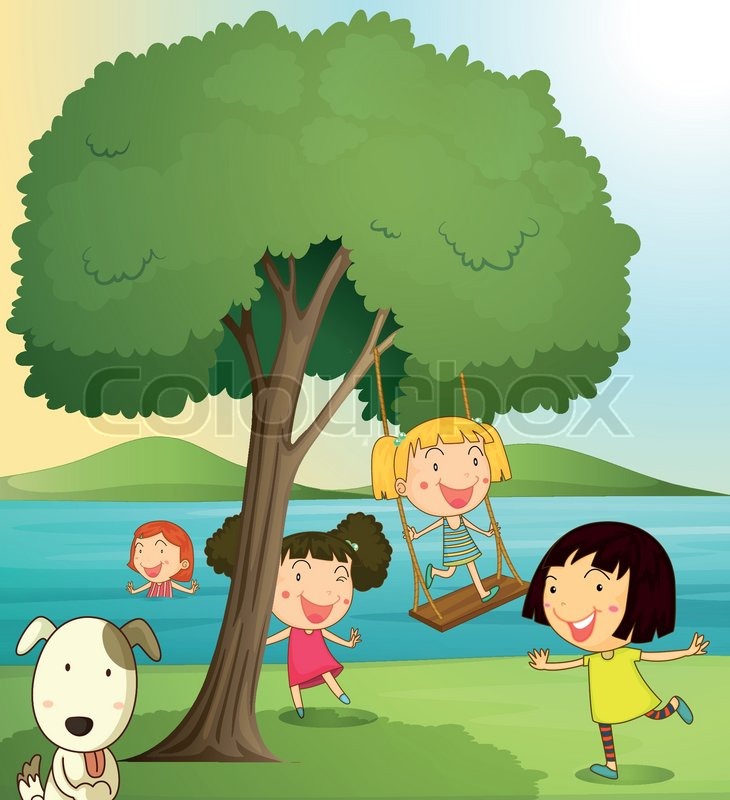 730x800 Illustration Of Girls Playing Under Tree In A Beautiful Nature