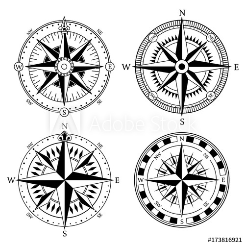 500x500 Vintage Nautical Compass Signs Vector Set, Retro Direction Symbols