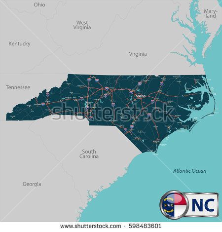 450x470 Vector Set Of North Carolina State With Roads Map, Cities And