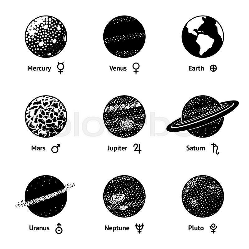 800x800 Set Of Monochrome Planet Icons With Names And Astronomical Symbols