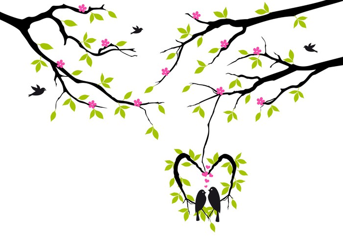700x490 Birds On Spring Tree In Heart Nest, Vector Wall Mural Pixers