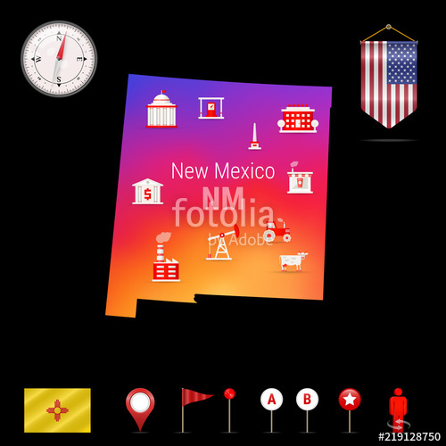 500x500 New Mexico Vector Map, Night View. Compass Icon, Map Navigation