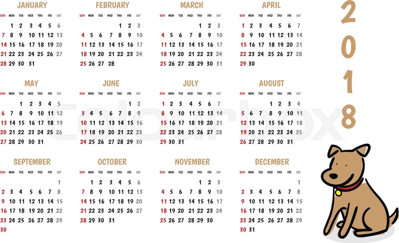 800x488 2018 Dog New Year Vector Calendar With Cute Doodle Cartoon Style