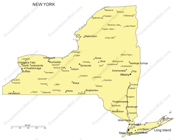 597x476 New York Outline Map With Capitals Amp Major Cities Digital Vector