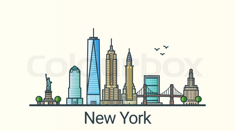 800x448 Banner Of New York City In Flat Line Trendy Style. All Buildings