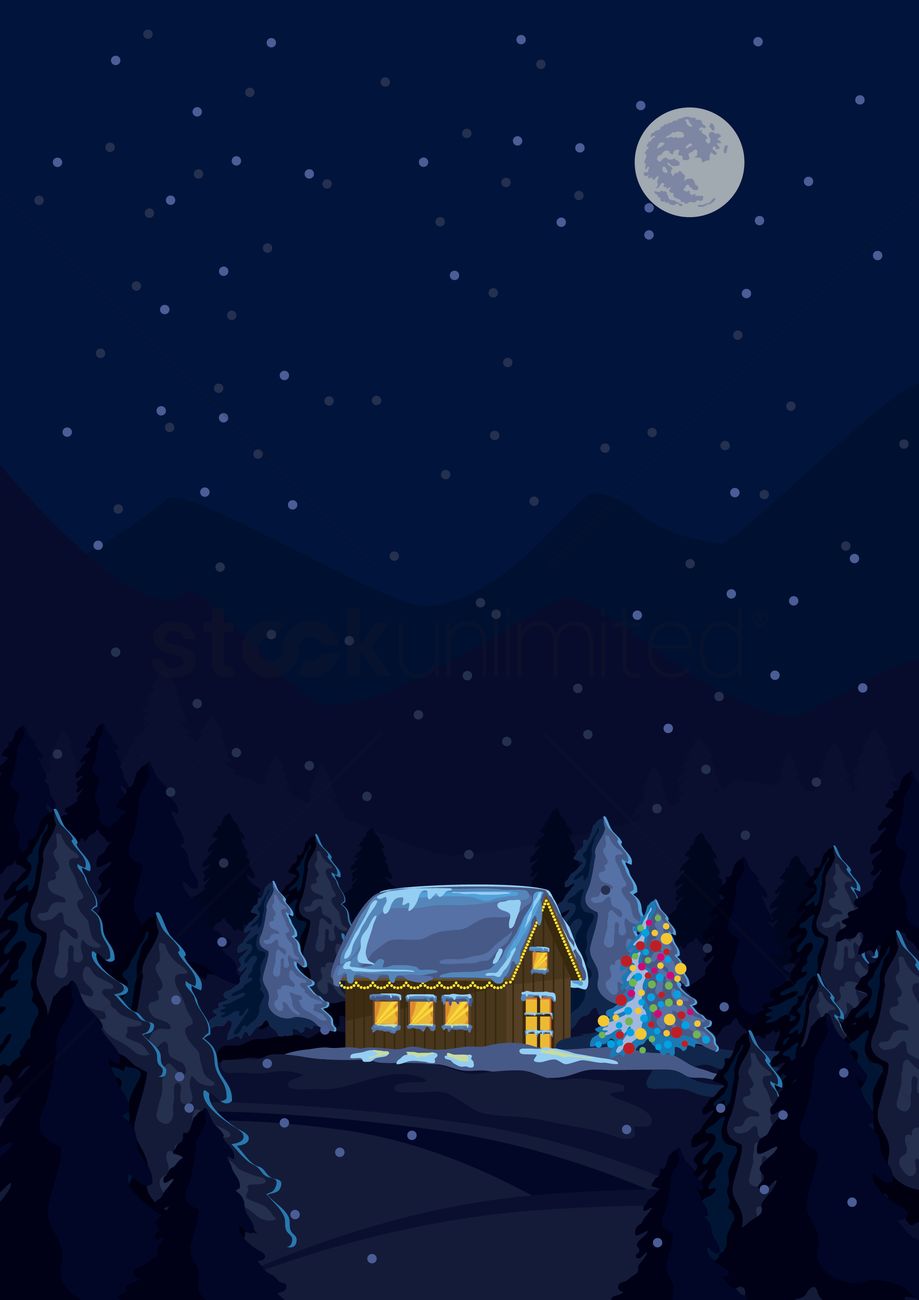 919x1300 Christmas Cabin Under Night Sky Vector Image