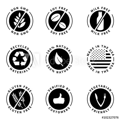 500x500 Food Product Badges Collection 1. (100% Natural, Gluten Free, Non