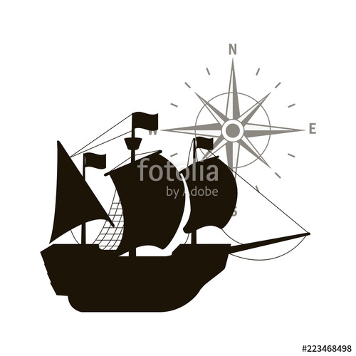 500x500 Ship With Sails With North Star Compass Stock Image And Royalty