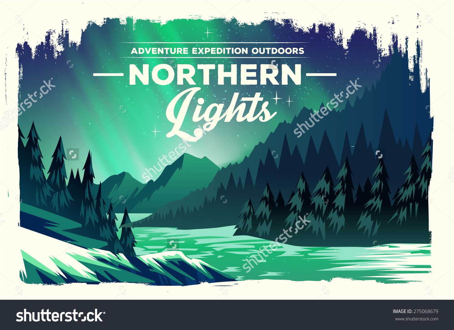 1500x1090 Vector Poster Landscape With Green Northern Lights