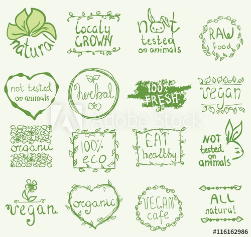 500x473 Set Of 16 Vector Icons.100% Bio, Eat Local, Healthy Food, Farm