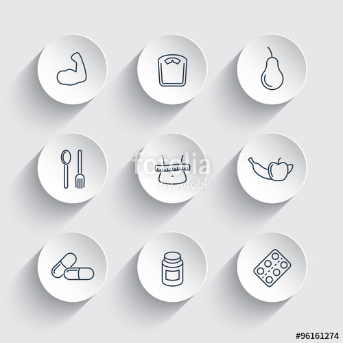 500x500 Diet, Nutrition Line Icons On Round 3d Shapes, Vector Illustration