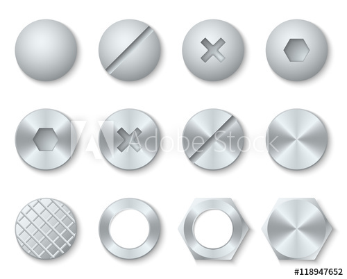 500x402 Steel Screws, Nuts, Bolts, Rivets Heads Vector Set