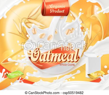 450x395 Oatmeal. Oat Grains And Milk Splashes. 3d Realistic Vector