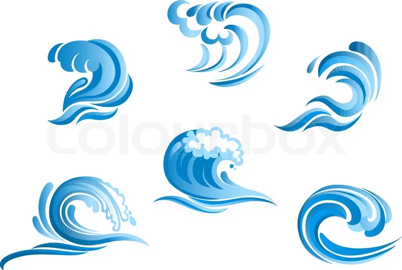 800x538 Set Of Blue Surf Ocean Waves Isolated On White Background Stock