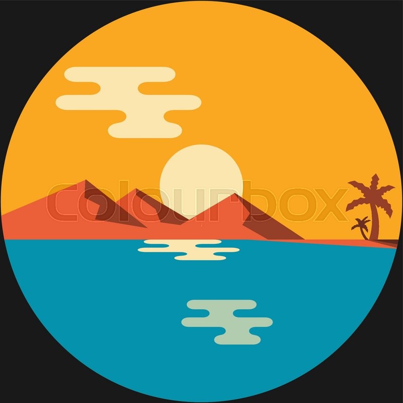 800x800 Sunset On Mountains And Ocean. Vector Flat Illustration Stock