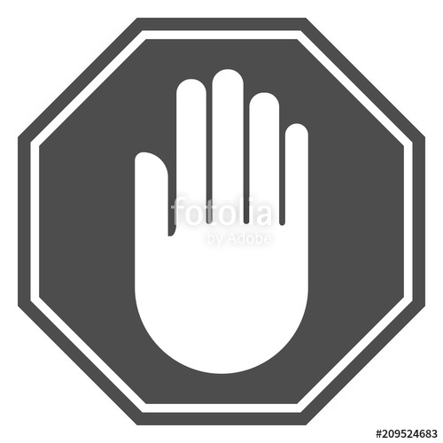 500x500 Stop Hand Sign. White Hand Silhouette On Black Octagon. Vector