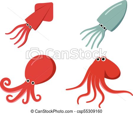 450x388 Squid, Octopus And Cuttlefish In Flat, Vector Art.