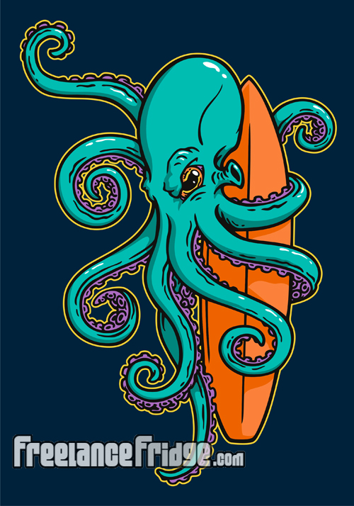 500x714 Vector Octopus With Surfboard By Jameskoenig1