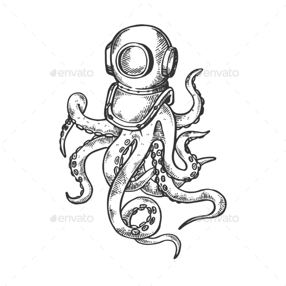 590x590 Octopus And Old Diver Helmet Engraving Vector By Alexanderpokusay
