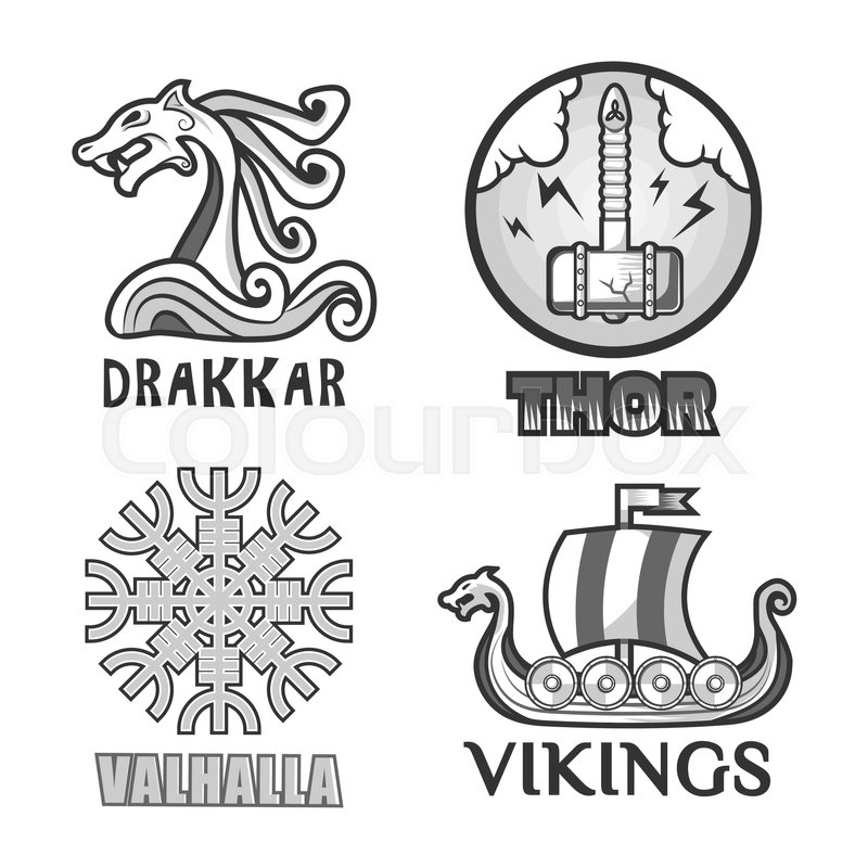 800x800 Viking Warriors Logo Set. Vector Isolated Symbols Of Thor Hammer