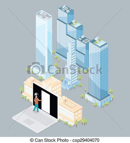 427x470 Vector 3d Flat Isometric Office Building. The Door To The Big City