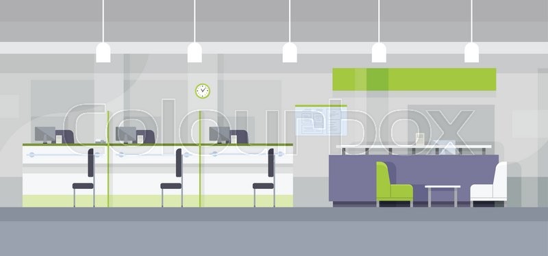800x374 Modern Bank Office Interior Workplace Desk Flat Design Vector