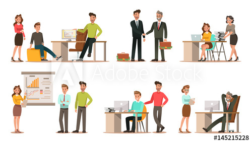 500x284 Set Of Business Characters Working In Office. Vector Illustration