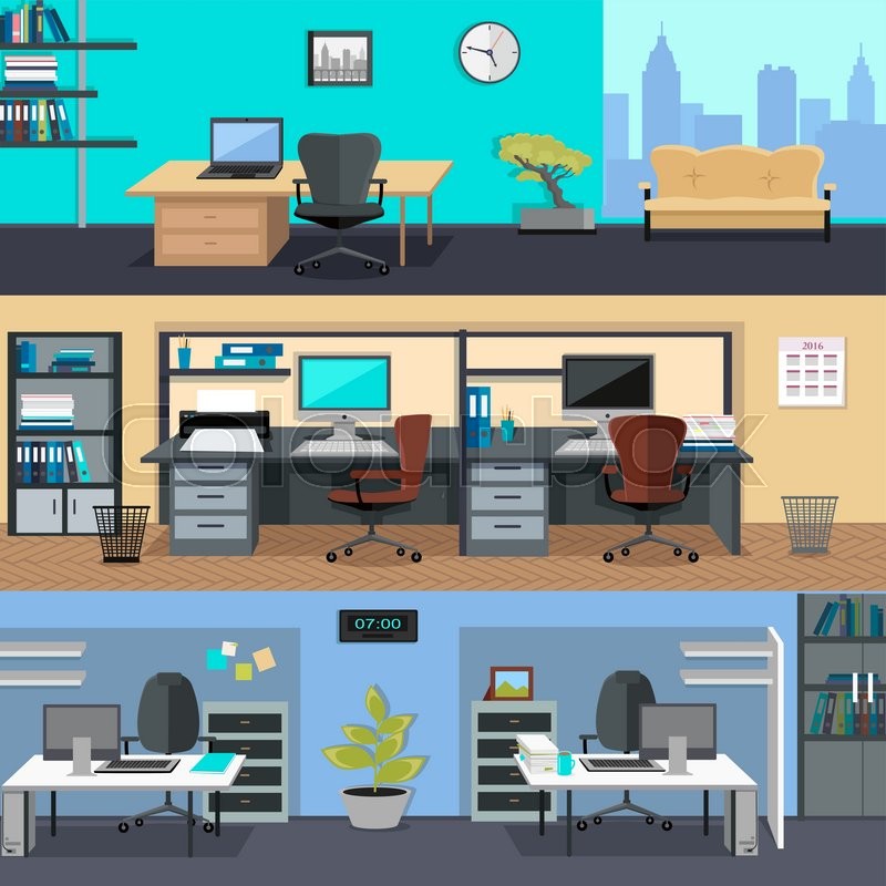 800x800 Set Of Modern Office Interior With Designer Desktop In Flat Design