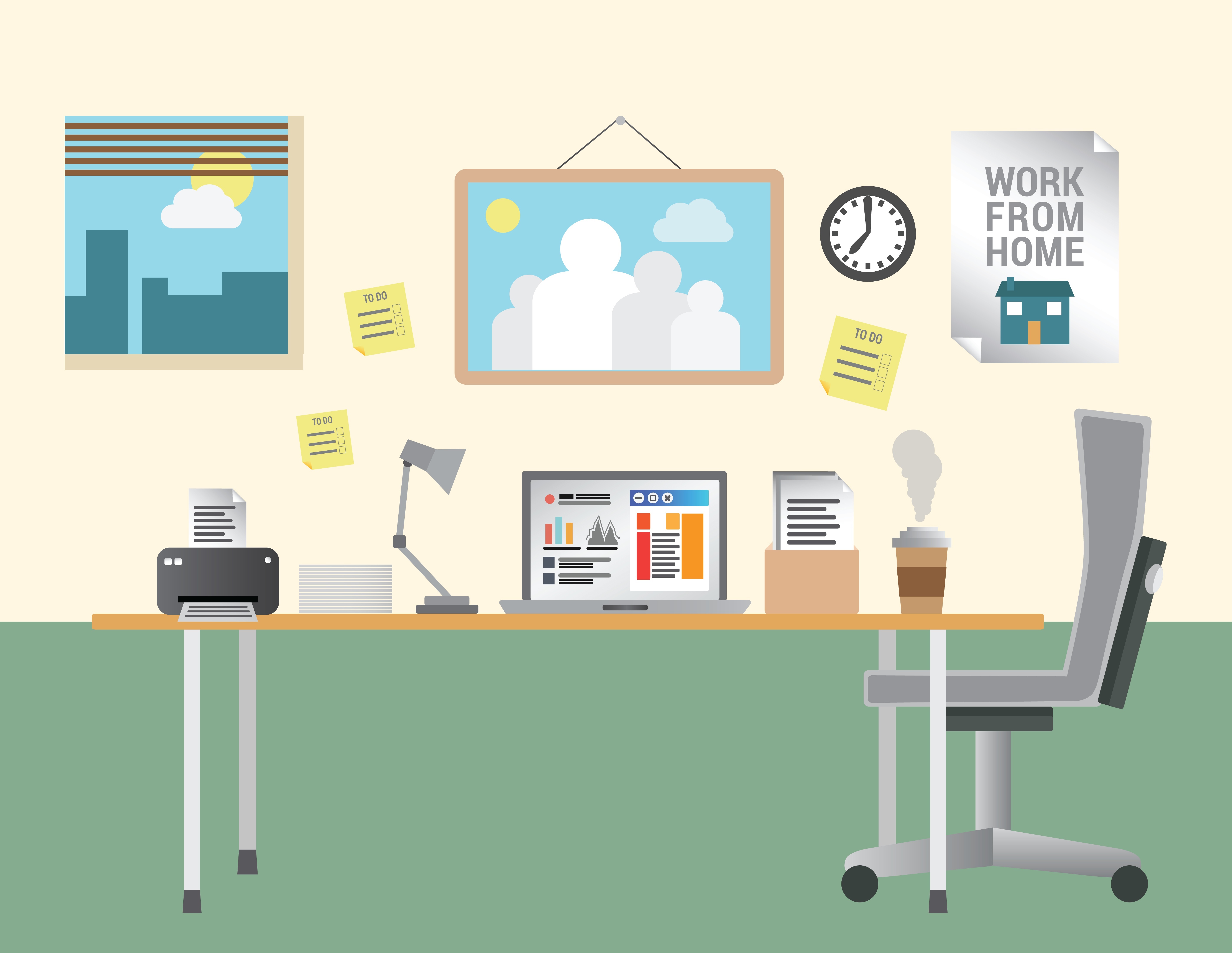 5678x4393 Working From Home Vector With Desk And Office Equipment, Home