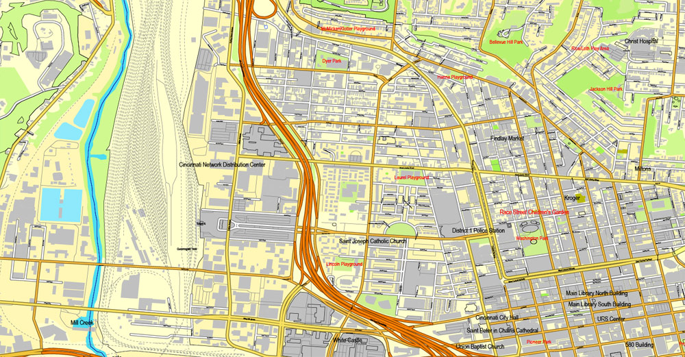 1000x521 Cincinnati, Ohio, Us, Vector Map Adobe Illustrator Editable City