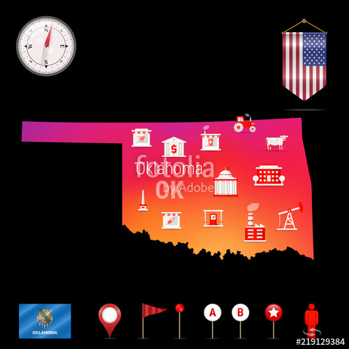 500x500 Oklahoma Vector Map, Night View. Compass Icon, Map Navigation