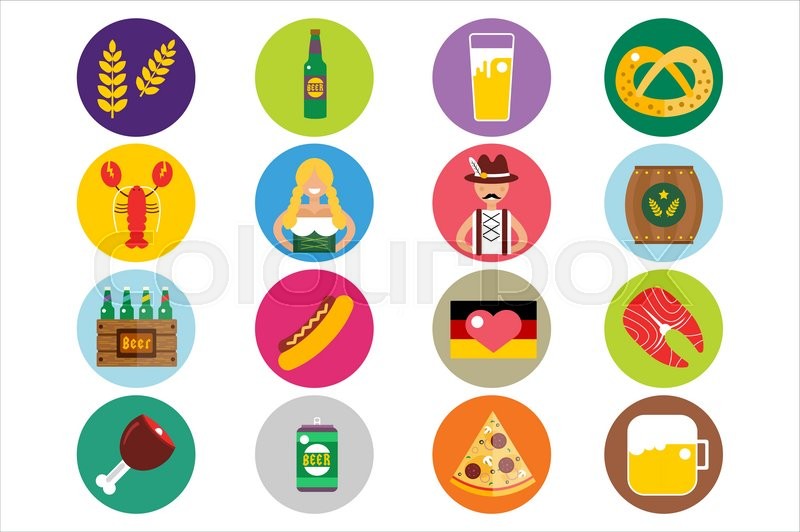 800x532 Set Of Flat Oktoberfest Vector Icons. Bottle Beer, Food And Drinks