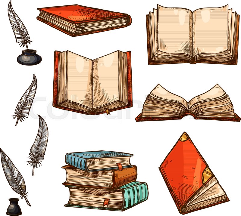800x718 Old Books And Ancient Manuscripts Sketch Icons. Vector Set Of