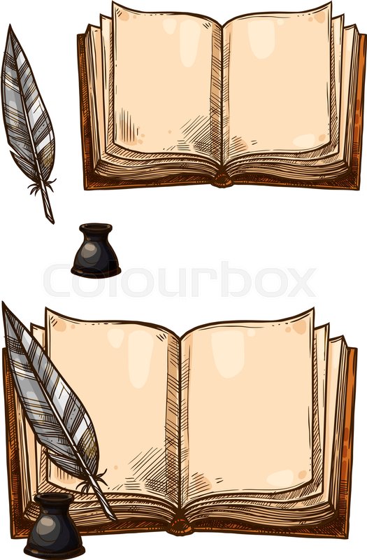525x800 Old Books With Ink Quill Feather Pen And Inkwell. Vector Isolated