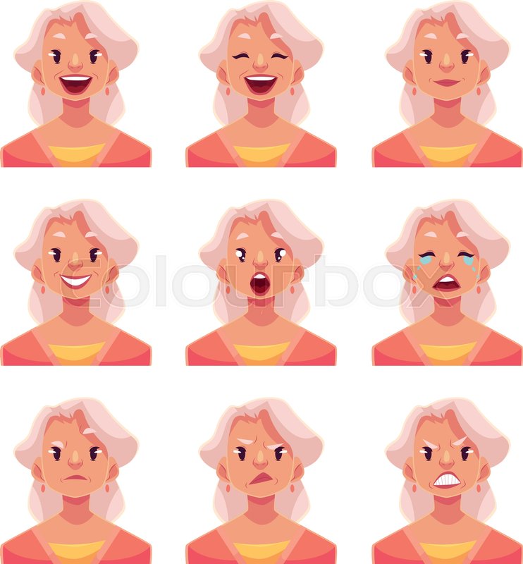 742x800 Grey Haired Old Lady Face Expression, Set Of Cartoon Vector