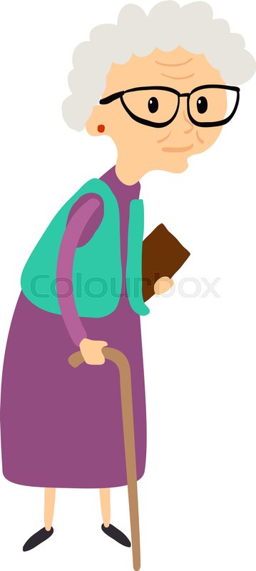 359x800 Old Woman With Cane. Senior Lady With Glasses Walking. Vector